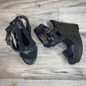 Donald Pliner Michelle Black and Gold Wedge Strappy Heels